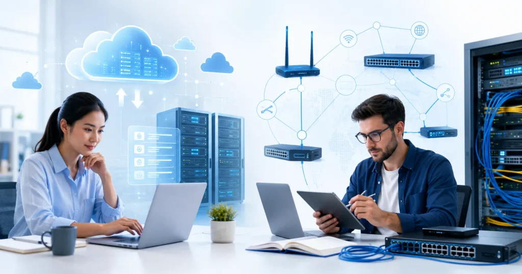 Professionals comparing cloud computing and networking career paths while preparing for IT certification exams with Certification Exam.