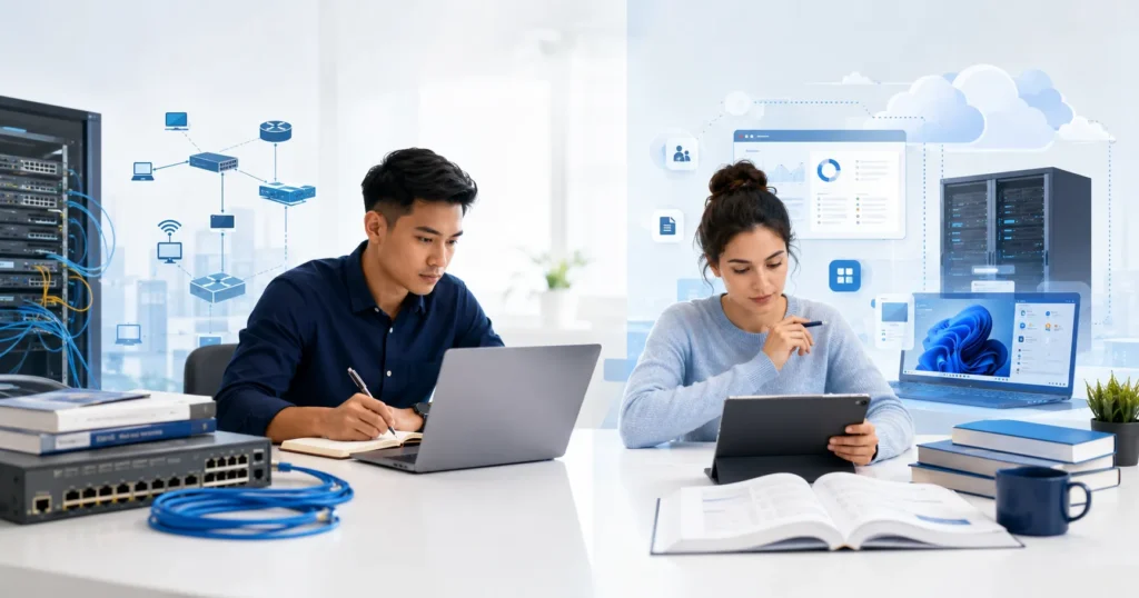 Professionals comparing Cisco networking and Microsoft cloud certification career paths while studying for IT exams in 2026.