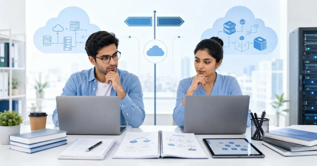 Professionals comparing Oracle Cloud and AWS certification paths using laptops, study notes, cloud diagrams, and exam preparation materials.