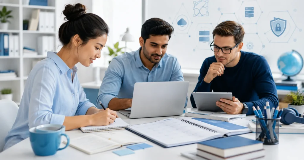Professional using an IT exam study hub to plan effective methods, build study habits, and organise certification exam schedules.
